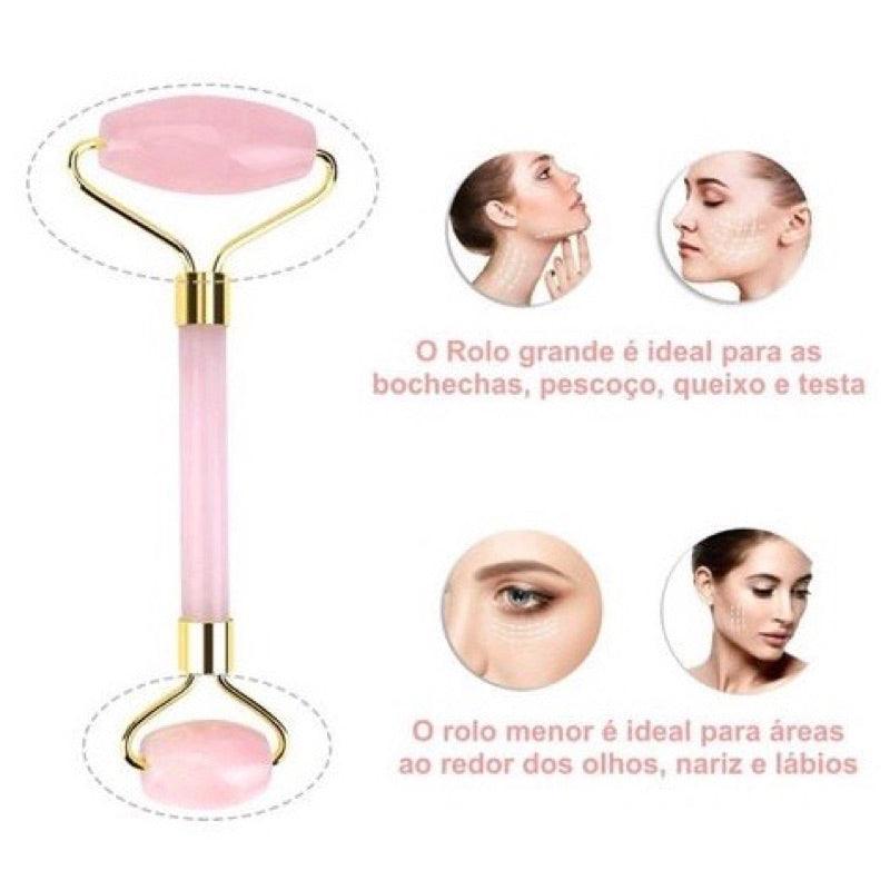 Kit Pedra Rolo de Jade Massageador Facial Anti Rugas