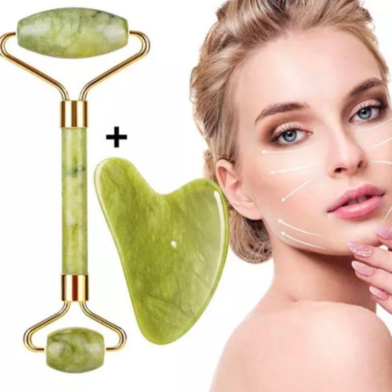 Kit Pedra Rolo de Jade Massageador Facial Anti Rugas
